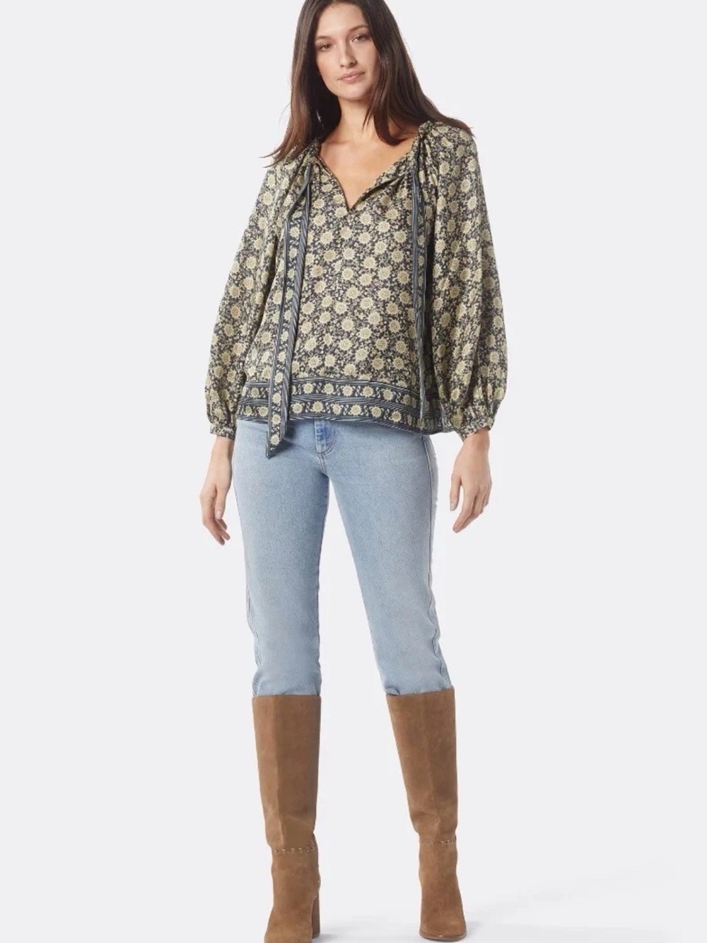 Joie Navy and Cream Floral Peasant Top